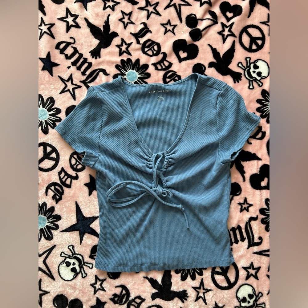 Blue Ribbed Tie-Front Top